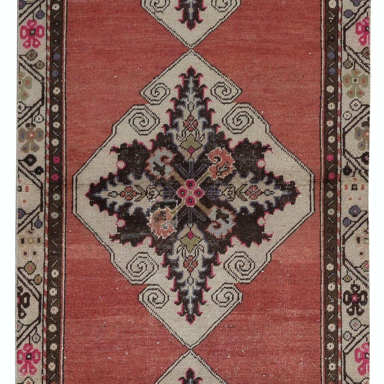 Hand-Knotted 3x10.3 Ft HandKnotted Vintage Hallway Runner Rug in Red with Colorful Medallions For Sale