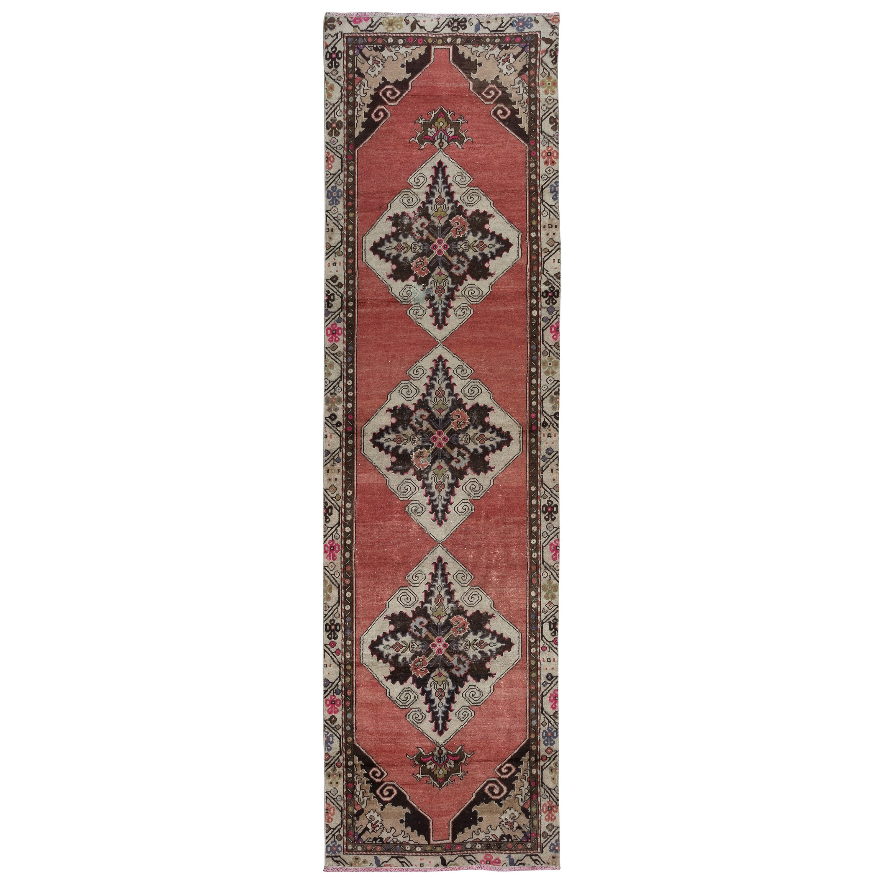 3x10.3 Ft Handgeknüpfter Vintage Flur-Läufer in Rot mit bunten Medaillons im Angebot