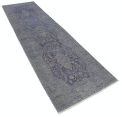 3x10.5 ft Handknotted Hallway Runner Rug for Corridor. Gray and Blue Kitchen Rug