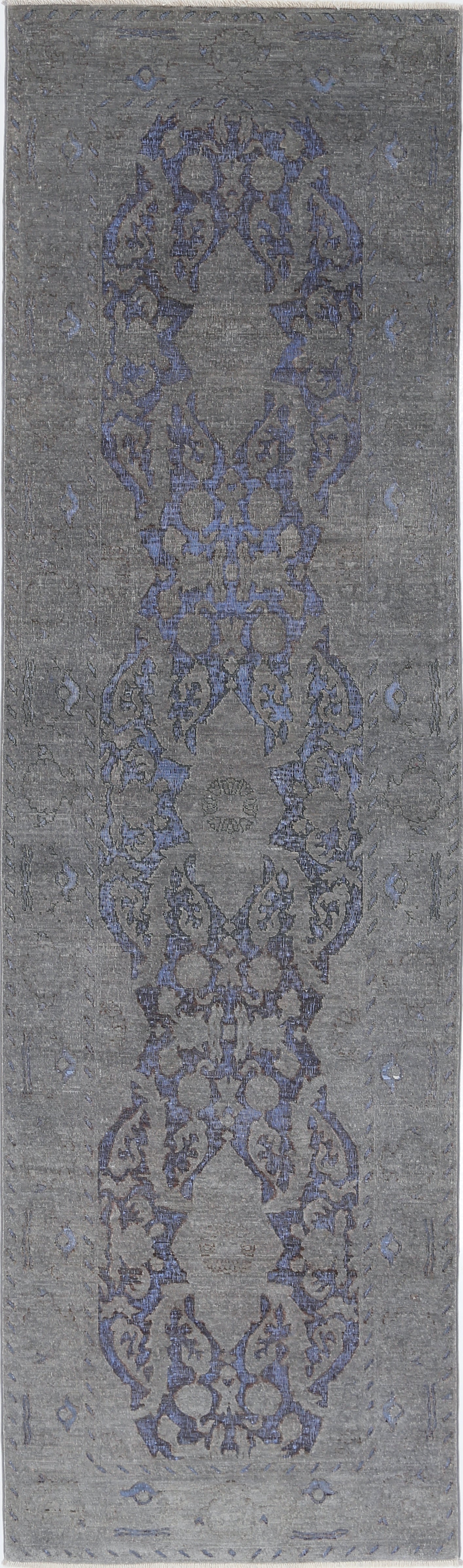 3x10.5 ft Handknotted Hallway Runner Rug for Corridor. Gray and Blue Kitchen Rug For Sale