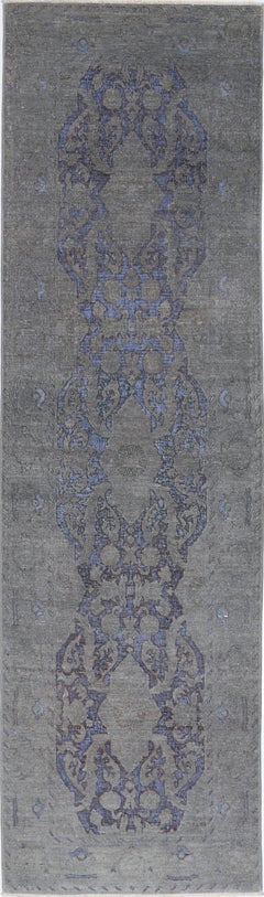 3x10.5 ft Handknotted Hallway Runner Rug for Corridor. Gray and Blue Kitchen Rug