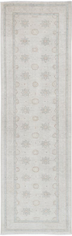 3x10.6 ft Hand Knotted Beige Wool Runner Rug. Floral Corridor Rug for Hallway