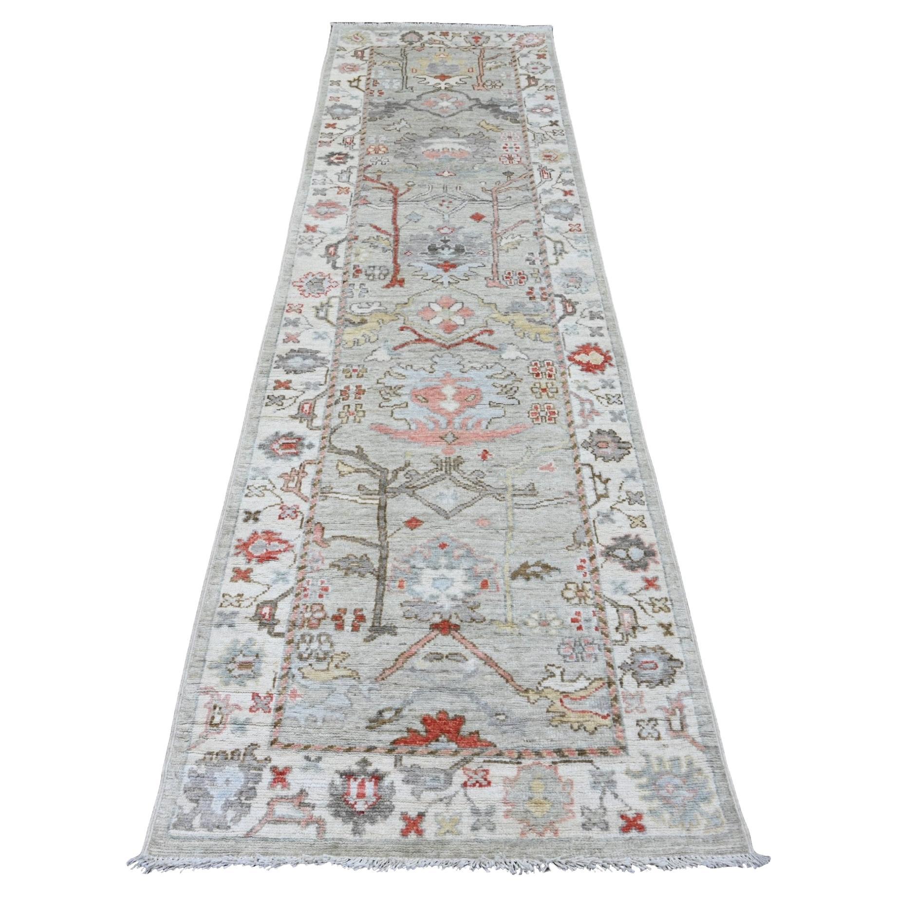 3'x10'6" Gray Afghan Angora Oushak Floral Pattern Hand Knotted Wool Runner Rug