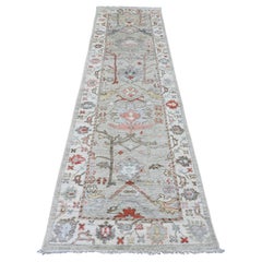 3'x10'6" Gray Afghan Angora Oushak Floral Pattern Hand Knotted Wool Runner Rug