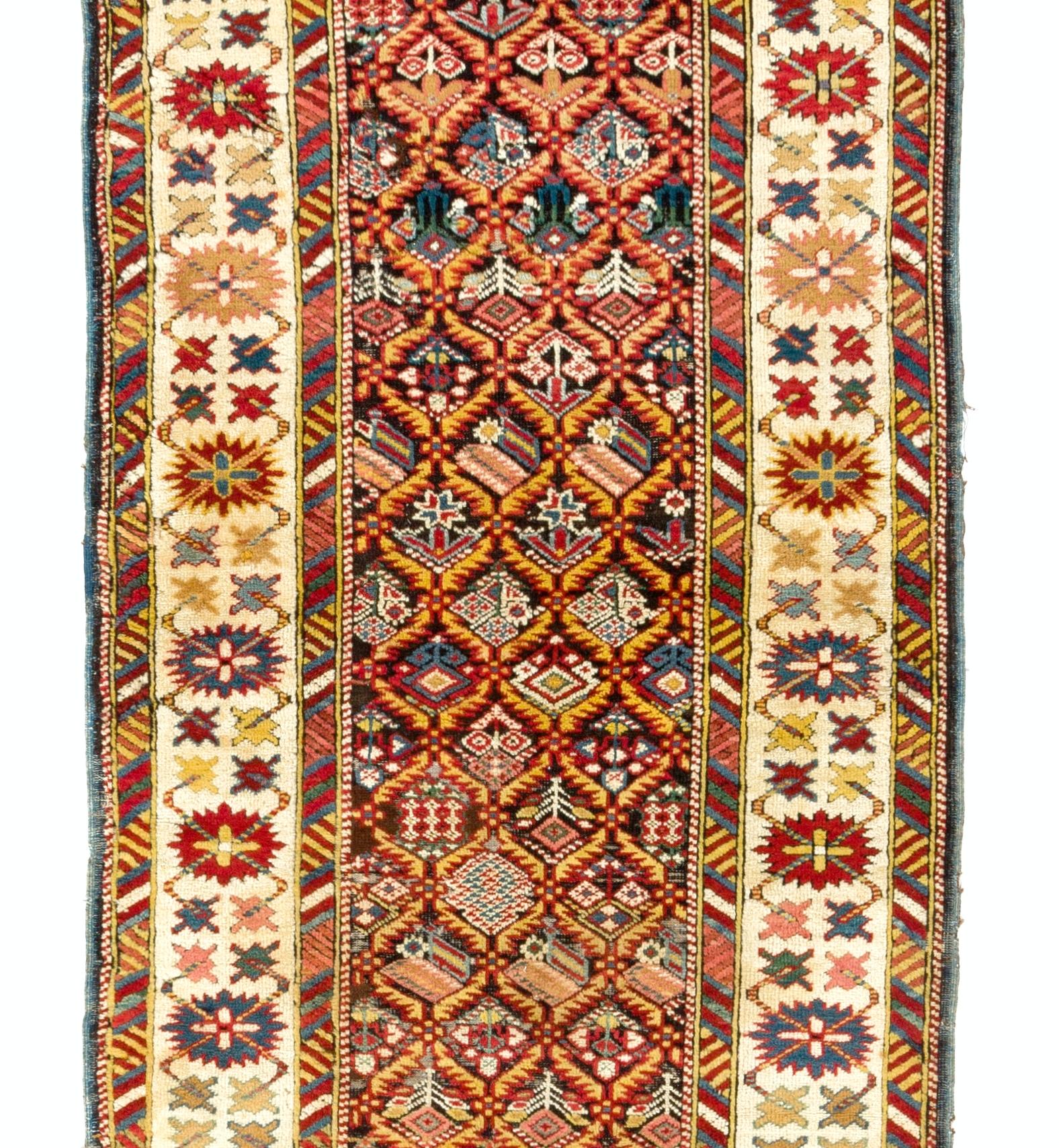 Tribal 3x11 Ft Antique Caucasian Kuba Runner Rug. Excellent Condition. 19th Century For Sale