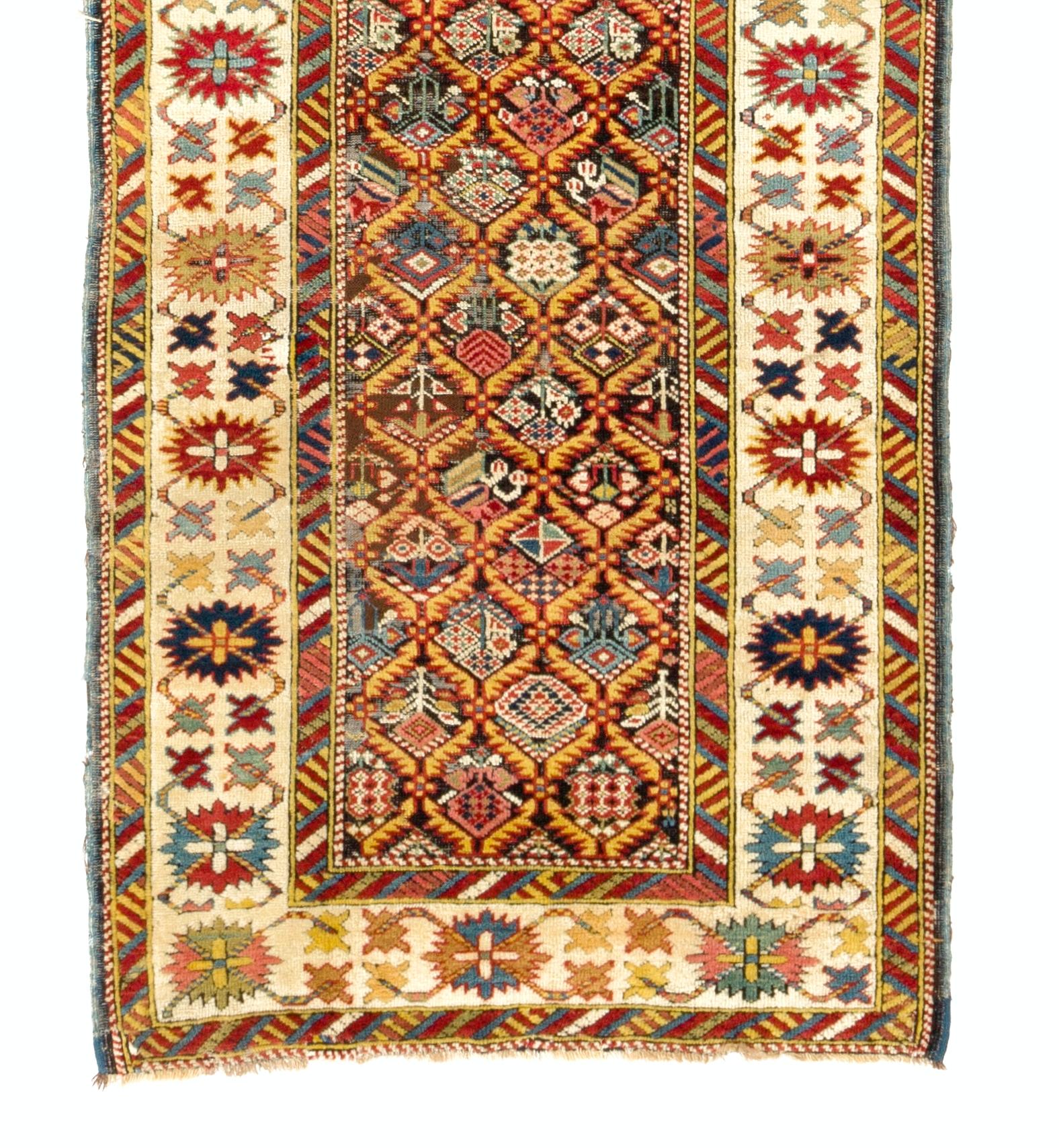 Hand-Knotted 3x11 Ft Antique Caucasian Kuba Runner Rug. Excellent Condition. 19th Century For Sale