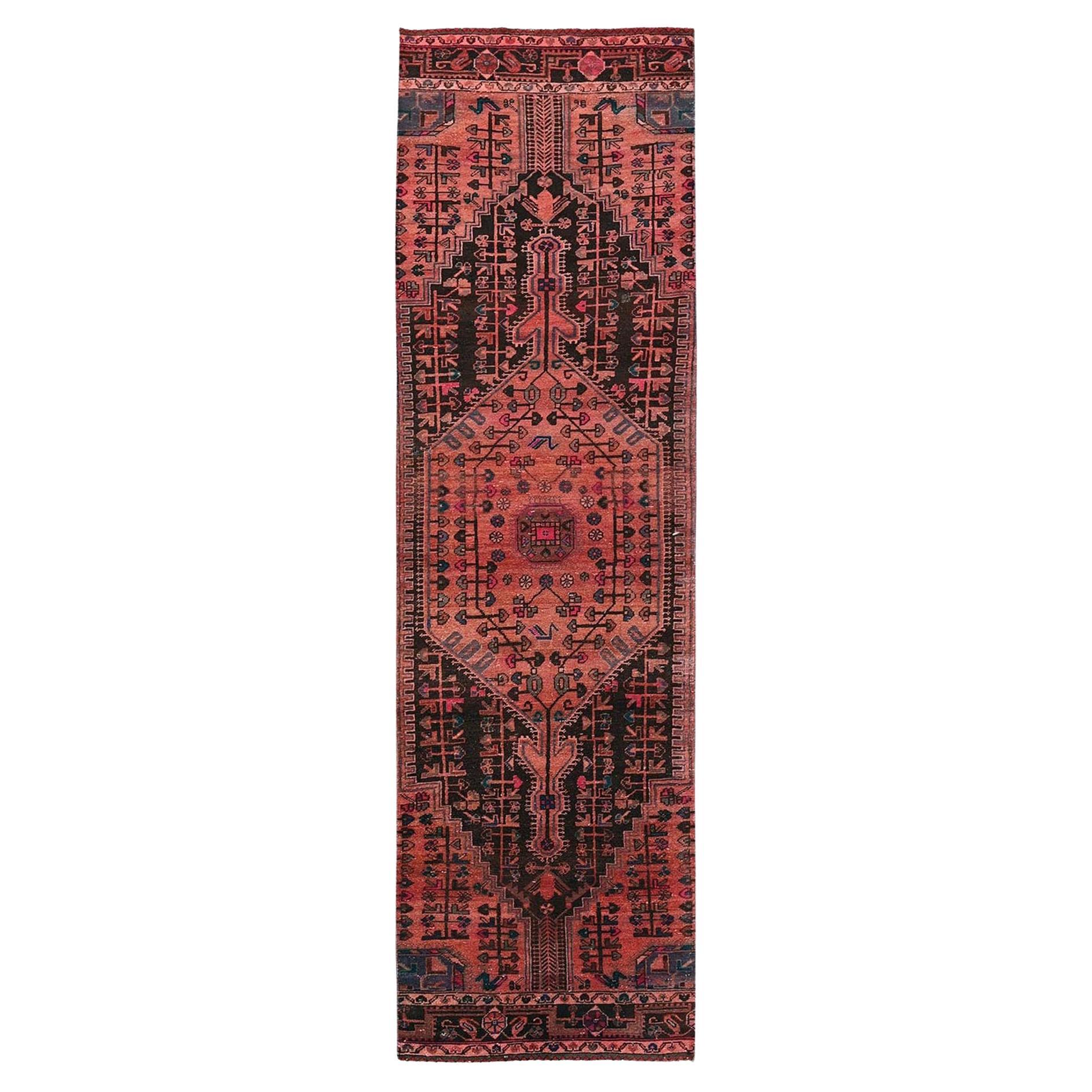 3'x11' Peach Overdyed Vintage Persian Hamadan Hand Knots Rugs (Tappeto da corsa in lana annodato a mano)