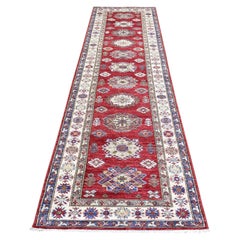 3'x11' Lana Anudada a Mano Roja, Medallón Geométrico Super Kazak, Alfombra Corredera