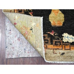 3'x11'10" Black Chinese Art Deco Inspired Peshawar Hand Knotted Wool Runner Rug