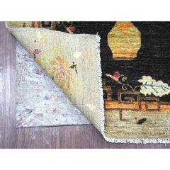3'x11'10" Black Chinese Art Deco Inspired Peshawar Hand Knotted Wool Runner Rug
