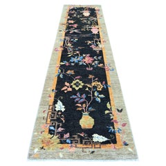 3'x11'10" Black Chinese Art Deco Inspired Peshawar Hand Knotted Wool Runner Rug