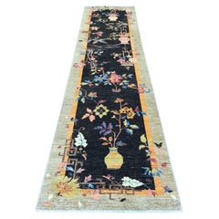 3'x11'10" Black Chinese Art Deco Inspired Peshawar Hand Knotted Wool Runner Rug