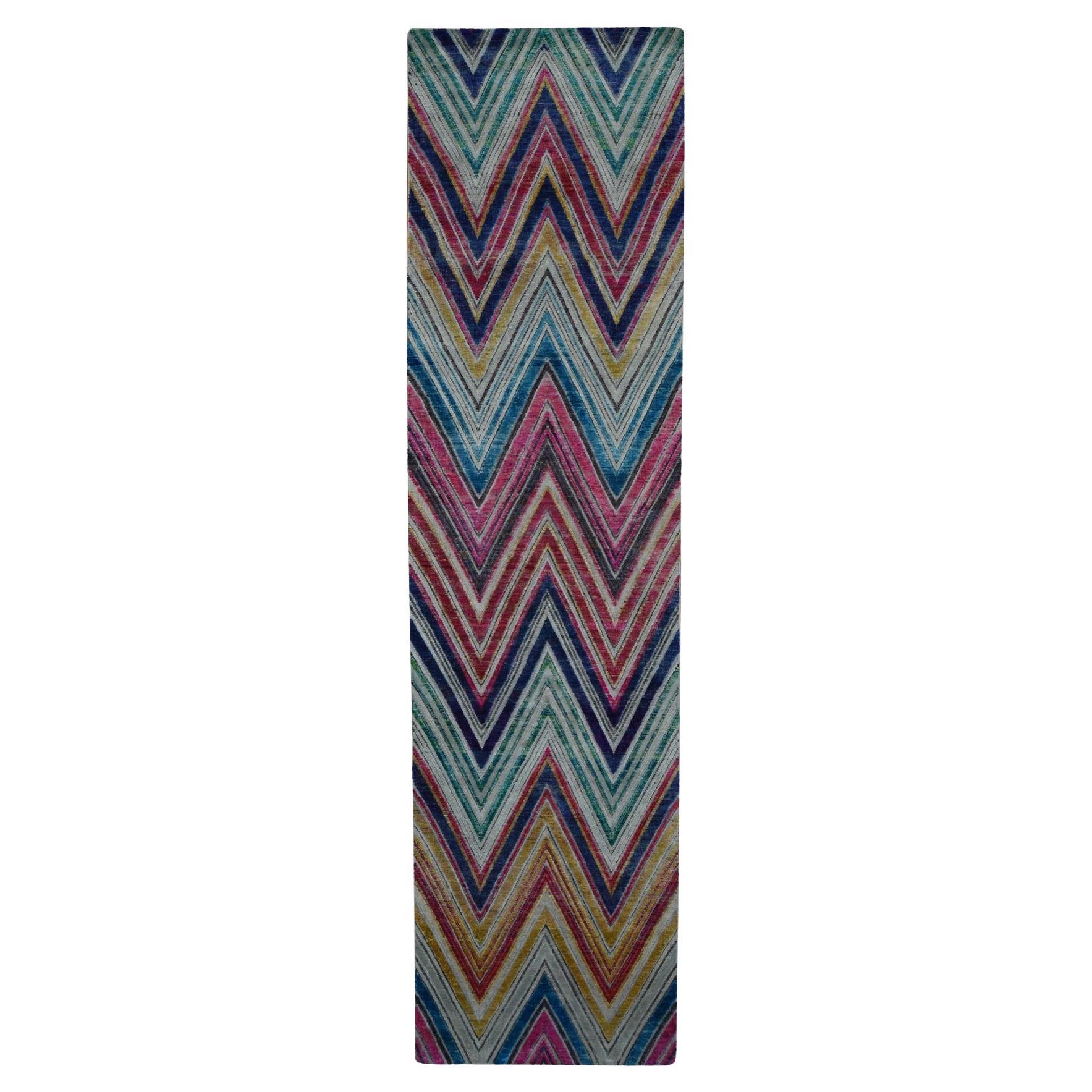 3'x11'10" Colorful Chevron Design Sari Silk and Textured Wool Hand Knotted Rug For Sale