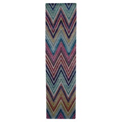 3'x11'10" Colorful Chevron Design Sari Silk and Textured Wool Hand Knotted Rug