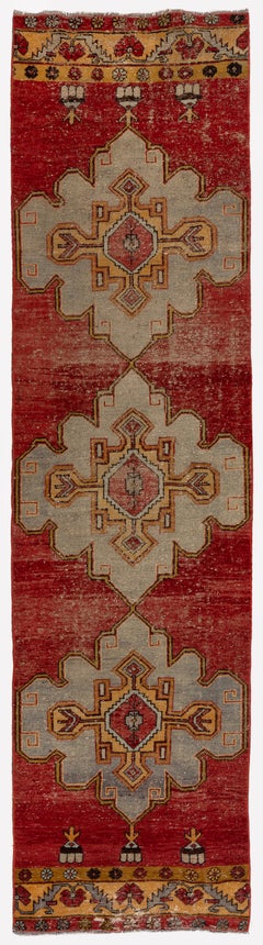 3x11.4 Ft Vintage Handmade Hallway Runner Rug, Red Kitchen Rug, Corridor Rug