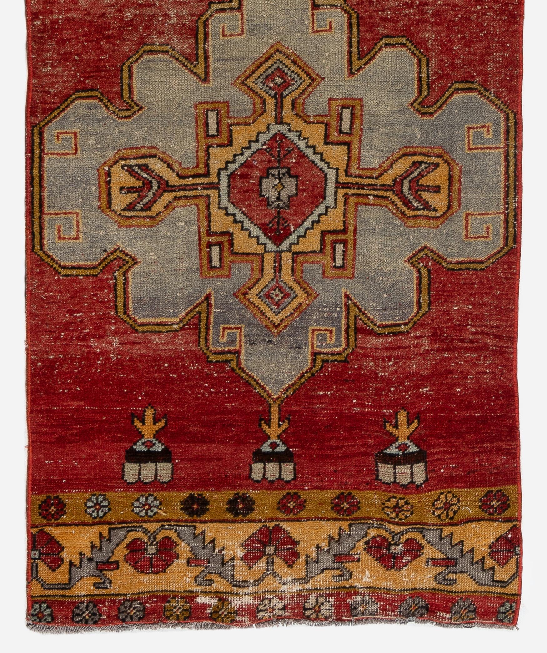 Oushak 3x11.4 Ft Vintage Turkish Runner Rug, Unique Handmade Wool Hallway Carpet For Sale