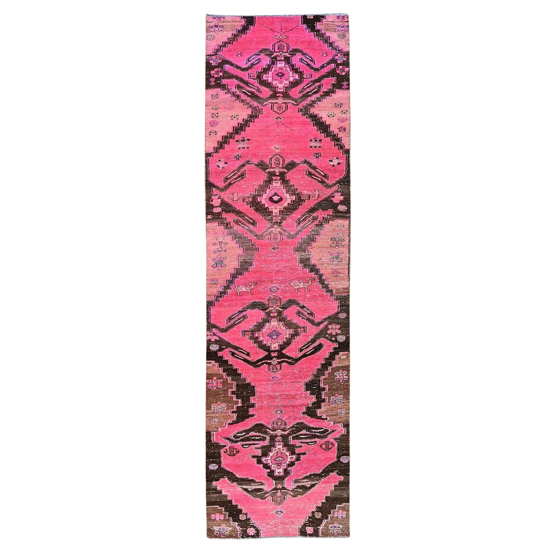 3'x11'4" Hot Pink Overdyed Vintage Persian Hamadan Hand Knotted Wool Runner Rug