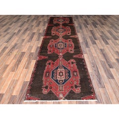 3'x11'6" Brown Vintage Persian Hamadan Hand Knotted Pure Wool Runner Clean Rug