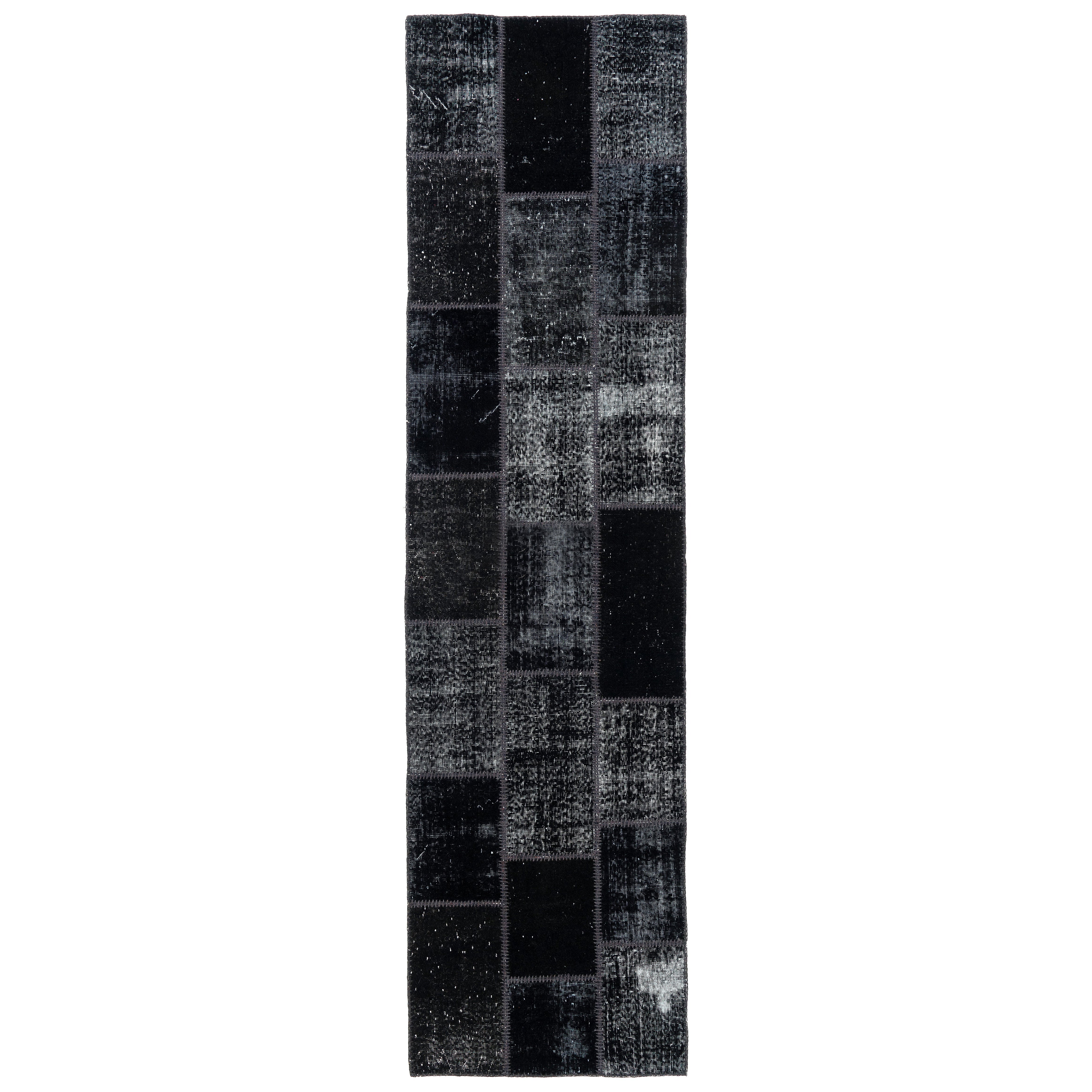 Tappeto moderno Patchwork fatto a mano 3x11.6 Ft con sfumature di nero per la cucina in vendita
