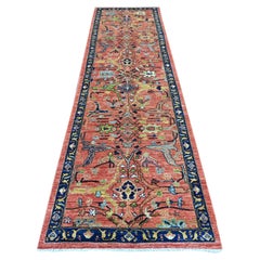 3'x11'6" Red Peshawar with Bijar Garus Design Hand Knotted Pure Wool Runner Rug
