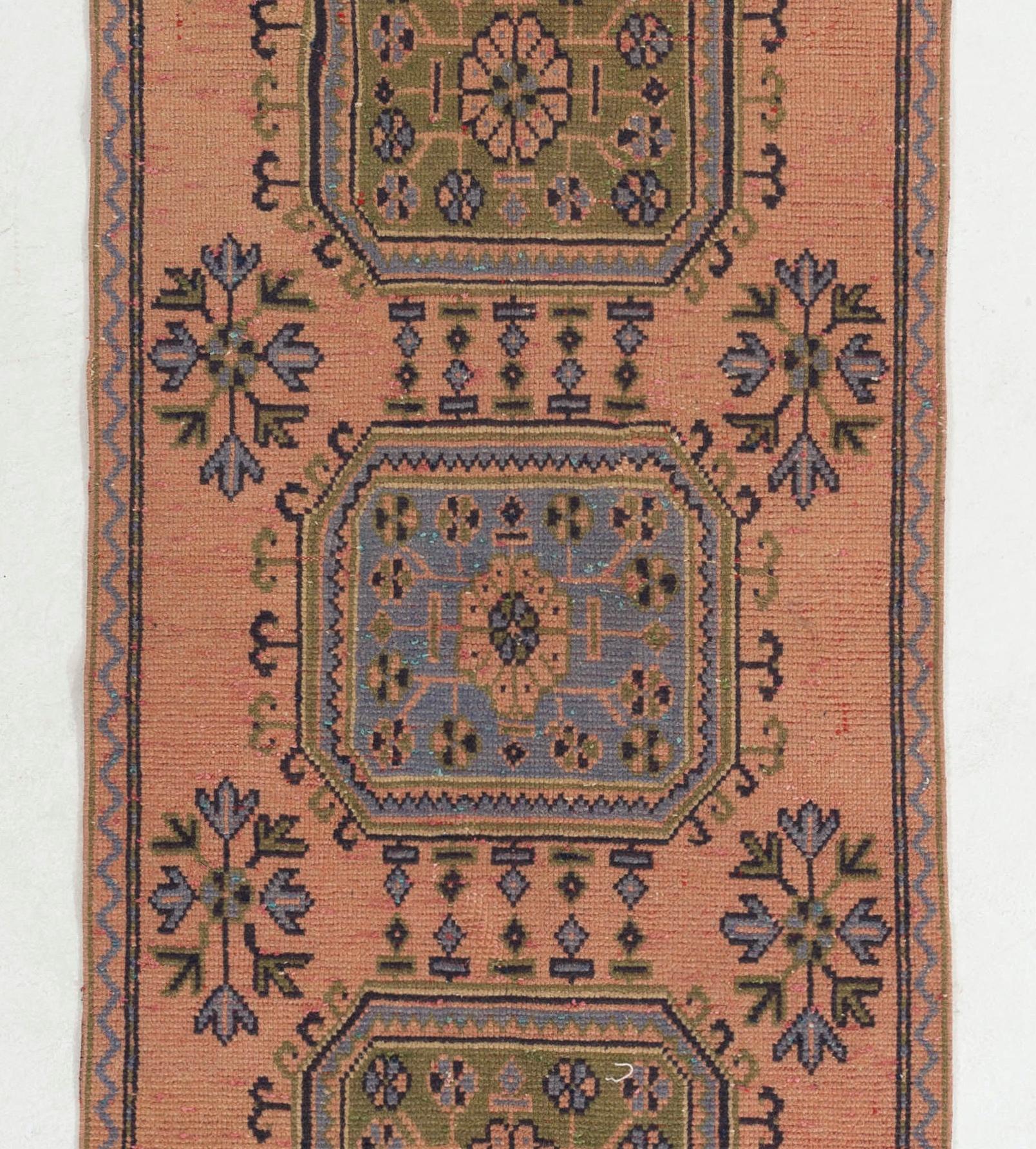 Turkish 3x11.7 Ft Mid-Century Handmade Anatolian Wool Runner Rug, Narrow Hallway Carpet For Sale