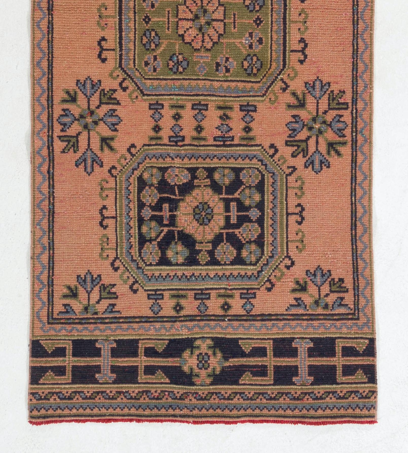 Hand-Knotted 3x11.7 Ft Mid-Century Handmade Anatolian Wool Runner Rug, Narrow Hallway Carpet For Sale