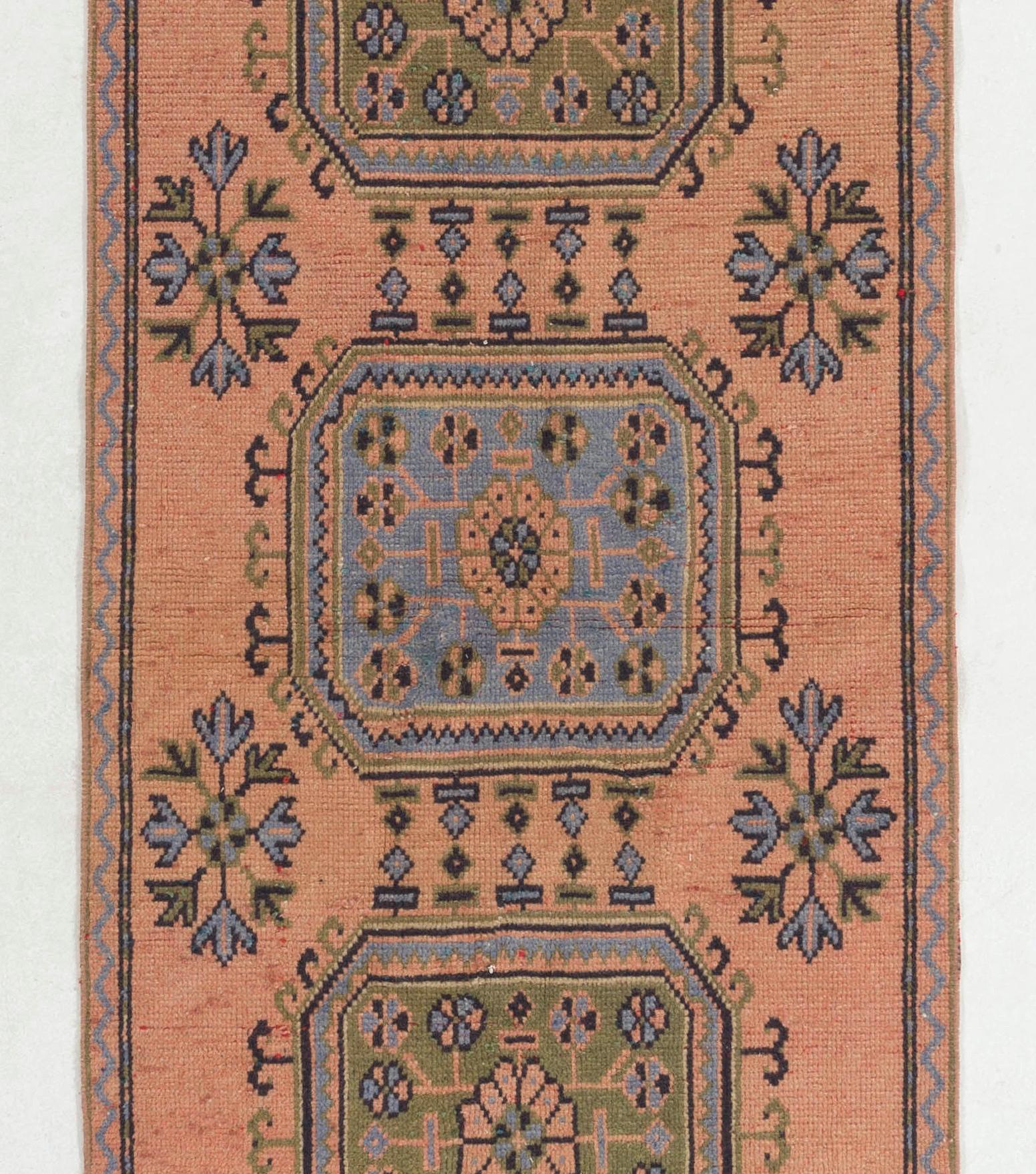 Oushak 3x11.7 Ft Vintage Anatolian Runner Rug for Hallway. Handmade Corridor Carpet For Sale