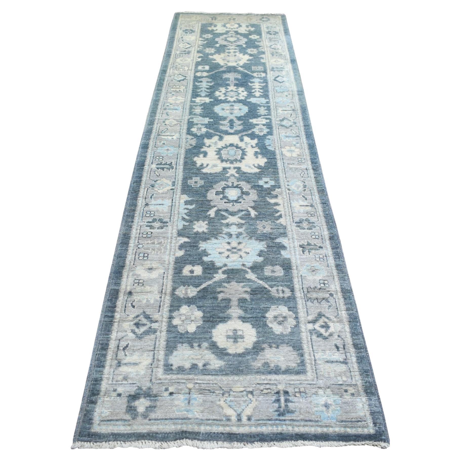3'x11'7" Gray Angora Oushak Colorful Leaf Design Hand Knotted Wool Runner Rug For Sale