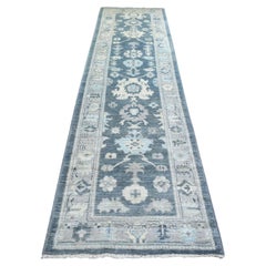 3'x11'7" Gray Angora Oushak Colorful Leaf Design Hand Knotted Wool Runner Rug