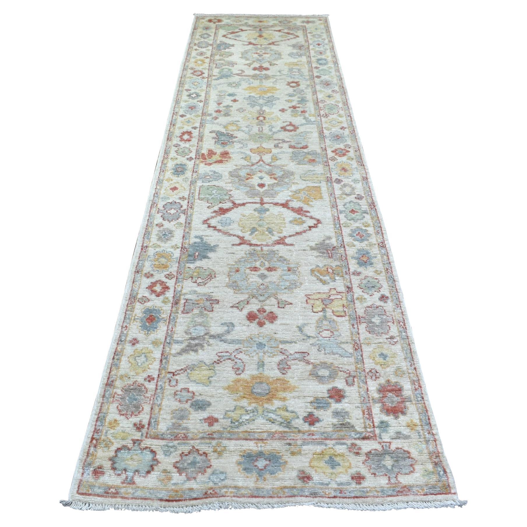 3'x11'8" Elfenbein, handgeknüpft Afghan Angora Oushak, weiche Wolle, Läufer Teppich