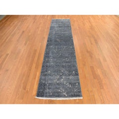 3'x11'9" Charcoal Gray Modern Design Hand Knotted Art Silk Runner Oriental Rug