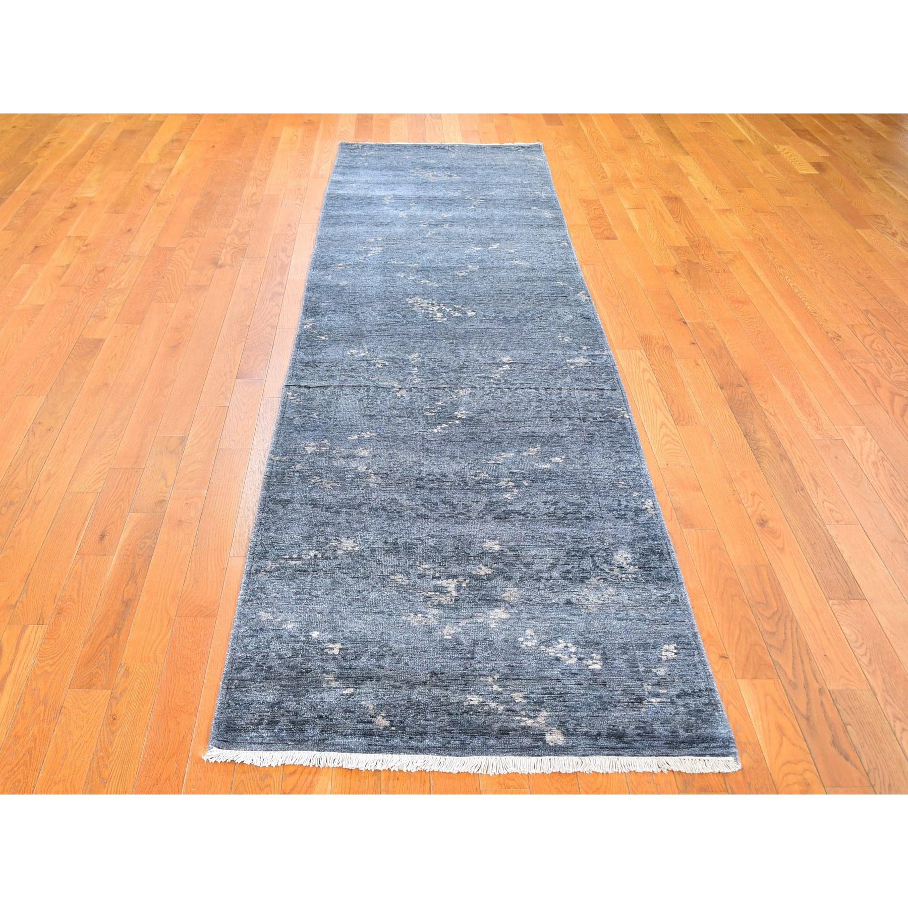 This is a truly genuine one-of-a-kind Dark Grey Hand Knotted Art Silk Modern Wide Runner Oriental Rug. It has been woven for months and months in the centuries-old Persian weaving craftsmanship techniques by expert artisans. Primary materials: Art