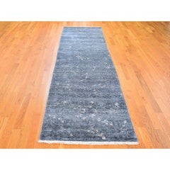 3'x11'9" Dark Grey Hand Knotted Art Silk Modern Wide Runner Oriental Rug