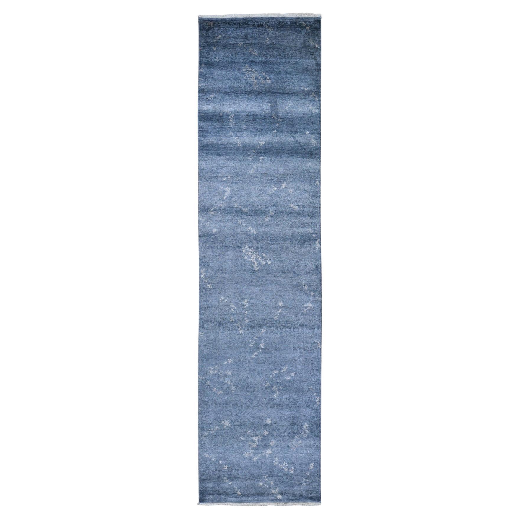 3'x11'9" Dark Grey Hand Knotted Art Silk Modern Wide Runner Oriental Rug