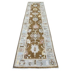 3'x12' Tapis de course en laine marron Afghan Angora Oushak Leaf Design noué à la main