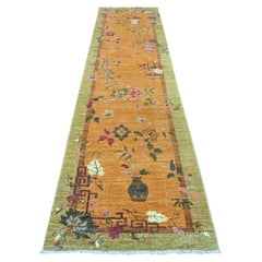 Tappeto Runner in lana annodato a mano 3'x12' marrone di ispirazione Art Deco cinese Peshawar