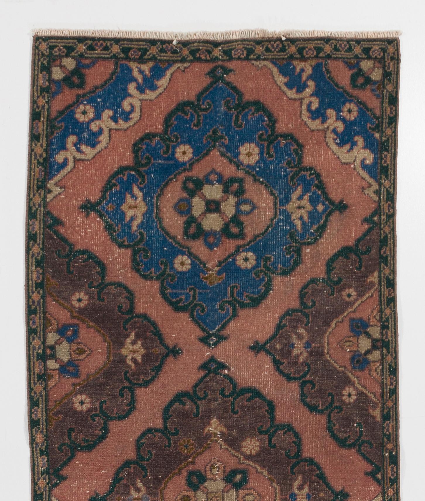 Oushak 3x12 Ft Handmade Runner Rug, Vintage Oriental Carpet in Maroon Red, Blue For Sale