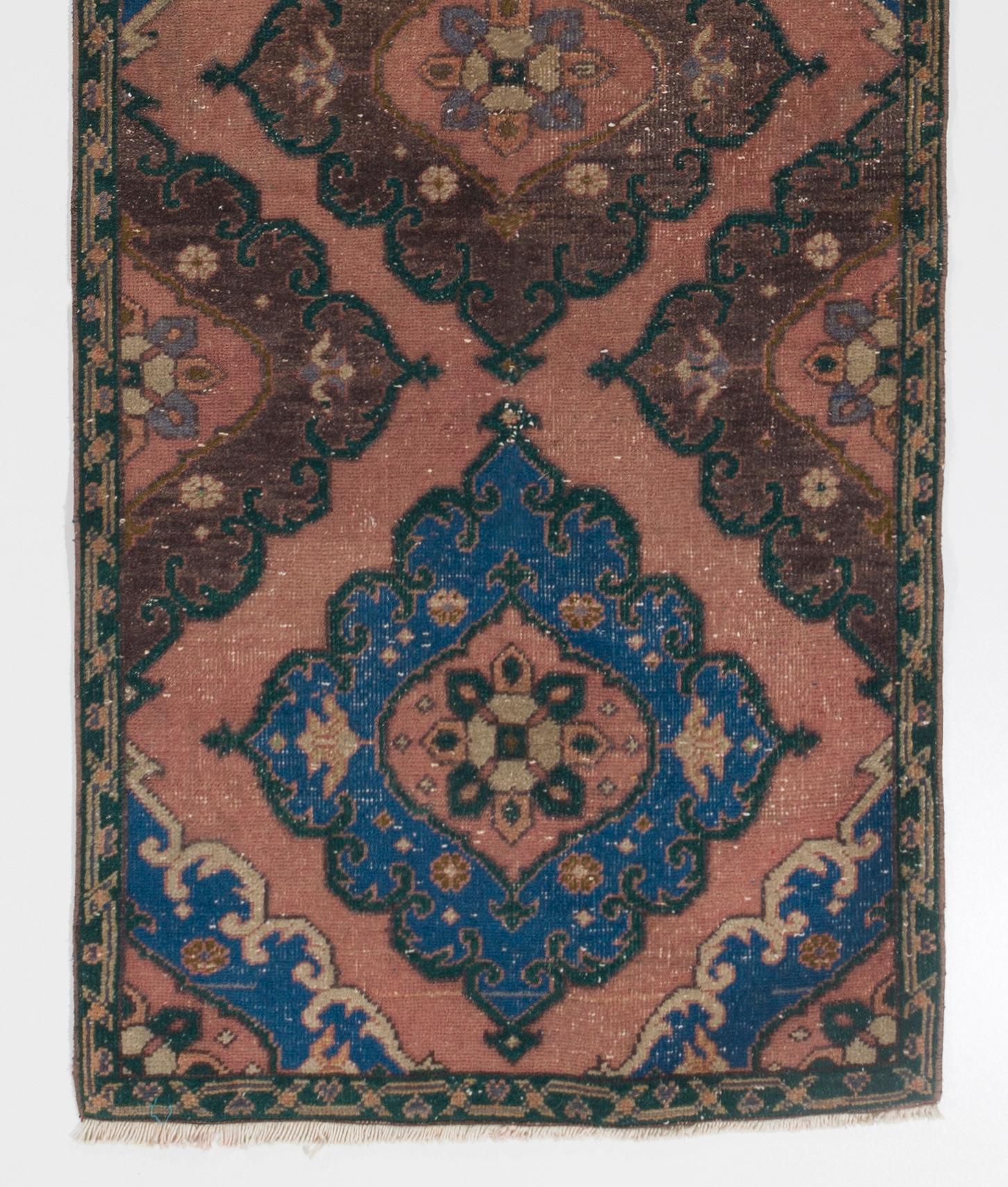Turkish 3x12 Ft Handmade Runner Rug, Vintage Oriental Carpet in Maroon Red, Blue For Sale