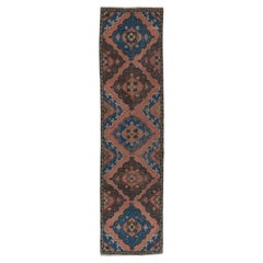 3x12 Ft Handgefertigter Läufer, Vintage Orientalischer Teppich in Maroonrot, Blau