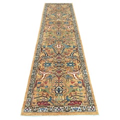 3'x12' Golden Brown Hand Knotted Bijar Garus Design Soft Wool Runner Rug