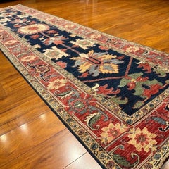 3x12 Hand-Knotted Afghan Serapi Tribal Wool Runner, Navy Medallion