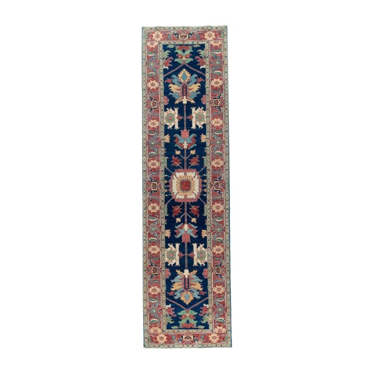 3x12 Hand-Knotted Afghan Serapi Tribal Wool Runner, Navy Medallion