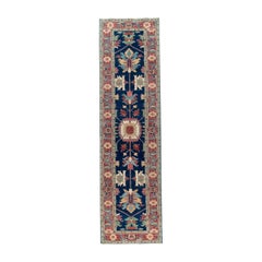 3x12 Hand-Knotted Afghan Serapi Tribal Wool Runner, Navy Medallion