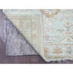 3'x12' Light Blue Angora Oushak Leaf Design Hand Knotted Pure Wool Runner Rug