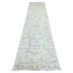 3'x12' Light Blue Angora Oushak Leaf Design Hand Knotted Pure Wool Runner Rug