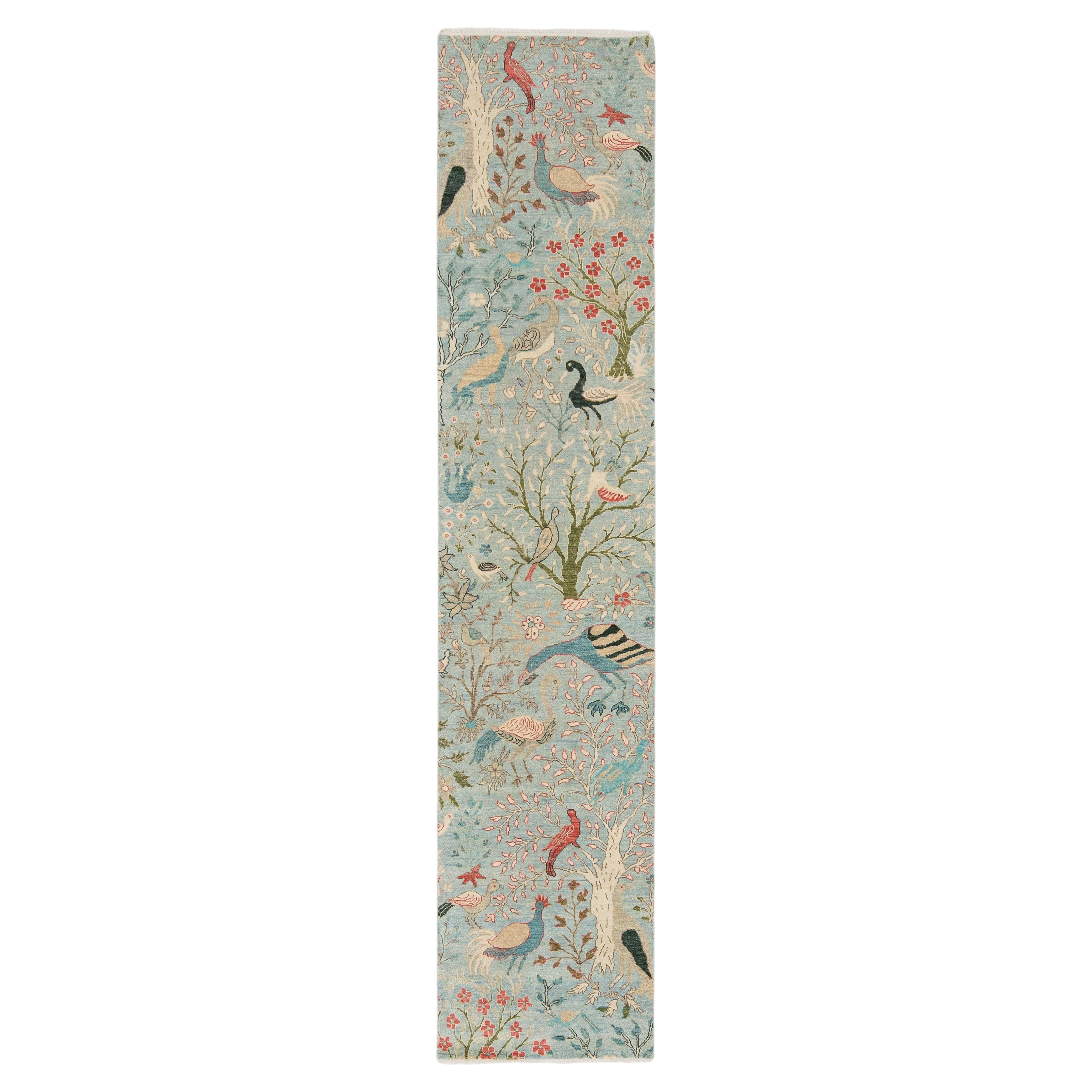 3x12 Modern Hand-Knotted Wool Tree of Life Runner Rug in Soft Blue & Coral For Sale