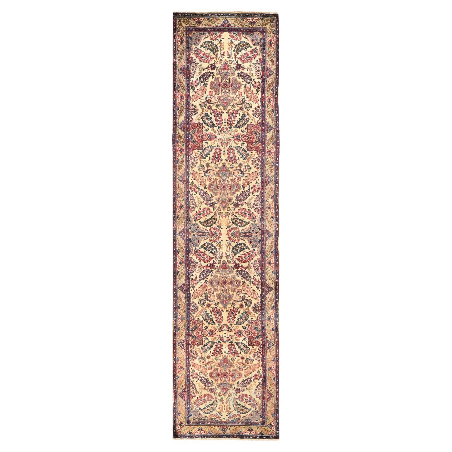 3'x12' Austernweißer antiker persischer Kerman Handgeknüpfter 100% Wolle Läufer Teppich im Angebot