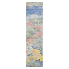 3'x12' Colores Pasteles Gris Diseño Moderno Alfombra de Seda Pura Anudada a Mano