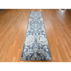 3'x12'1" Charcoal Gray Palmette Motif Silk with Wool Hand Knotted Runner Rug