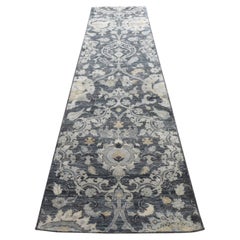 3'x12'1" Charcoal Gray Palmette Motif Silk with Wool Hand Knotted Runner Rug